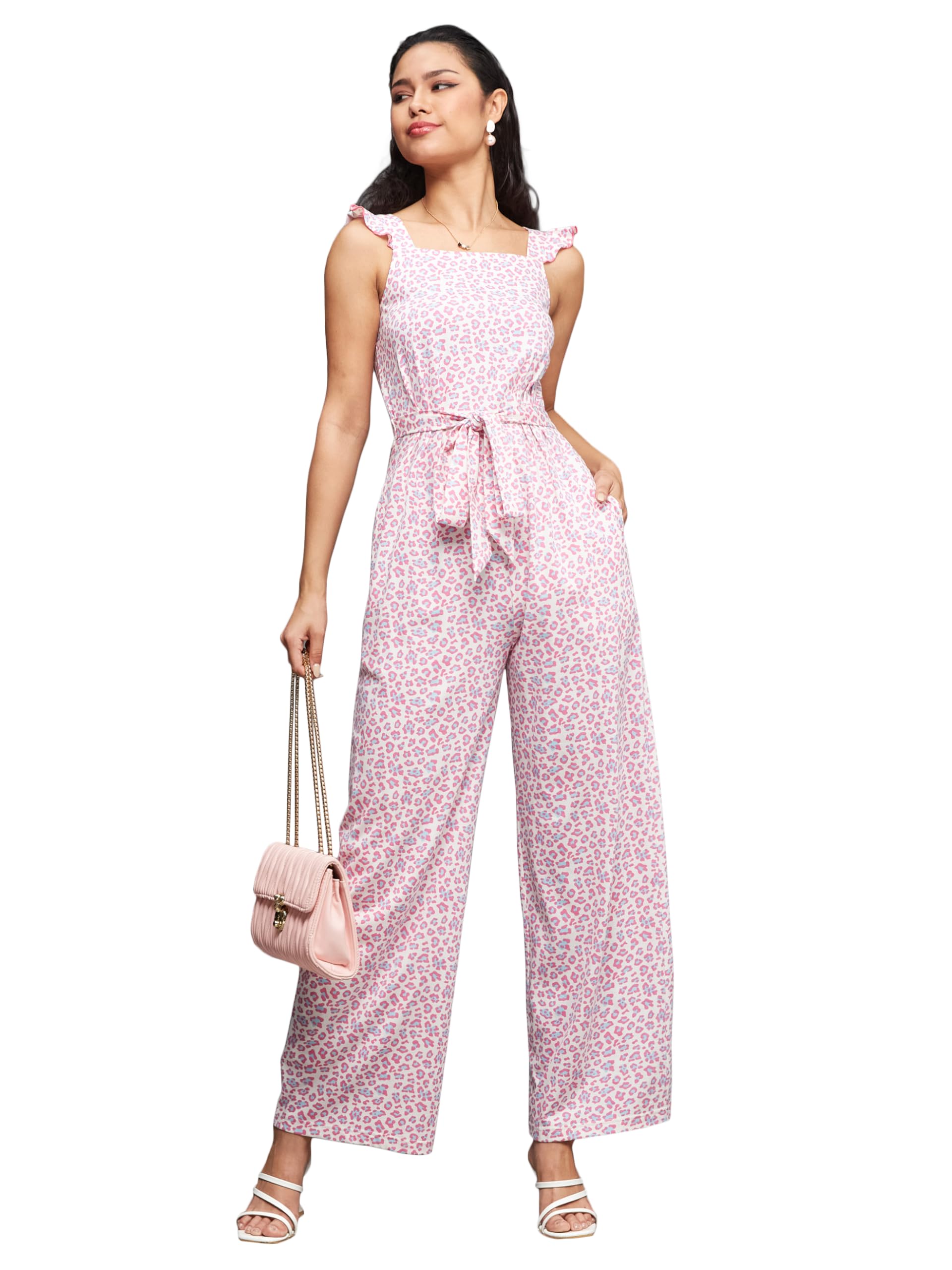 Miss Chase Womens Square Neck Sleeveless Pure Cotton Regular-Length Jumpsuit (MCSS25D93-17-192-06, Multicolored Base Peach, XL)