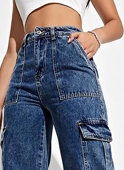 Kotty WomenS Solid High Rise Relaxed Fit Cargo Jeans(Blue,34)