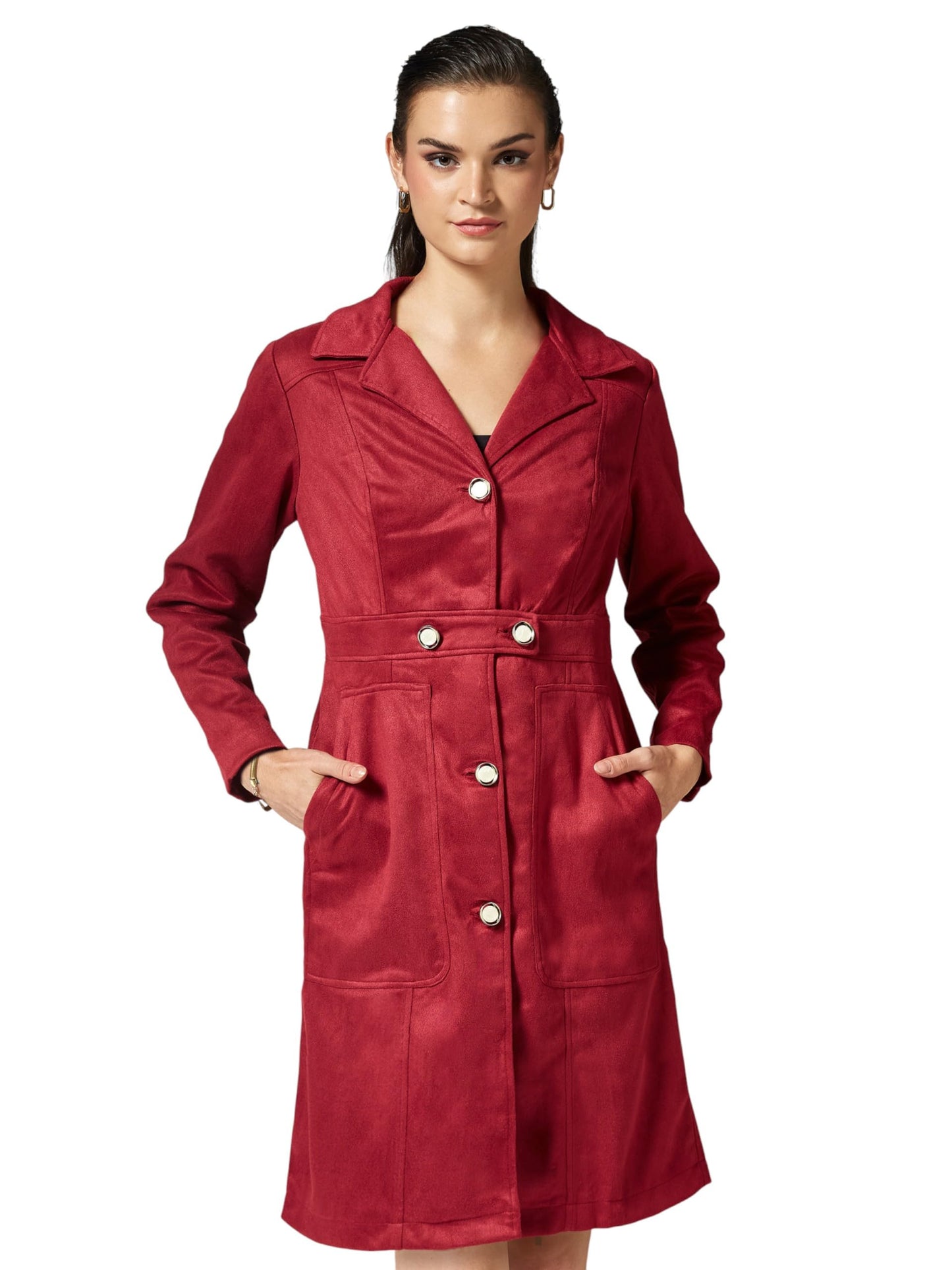 Miss Chase Womens Shirt Collar Full Sleeves Patched Pocketed Button Down Longline Jacket (MCAW25JKT99-72-287-05, Dark Red, L)
