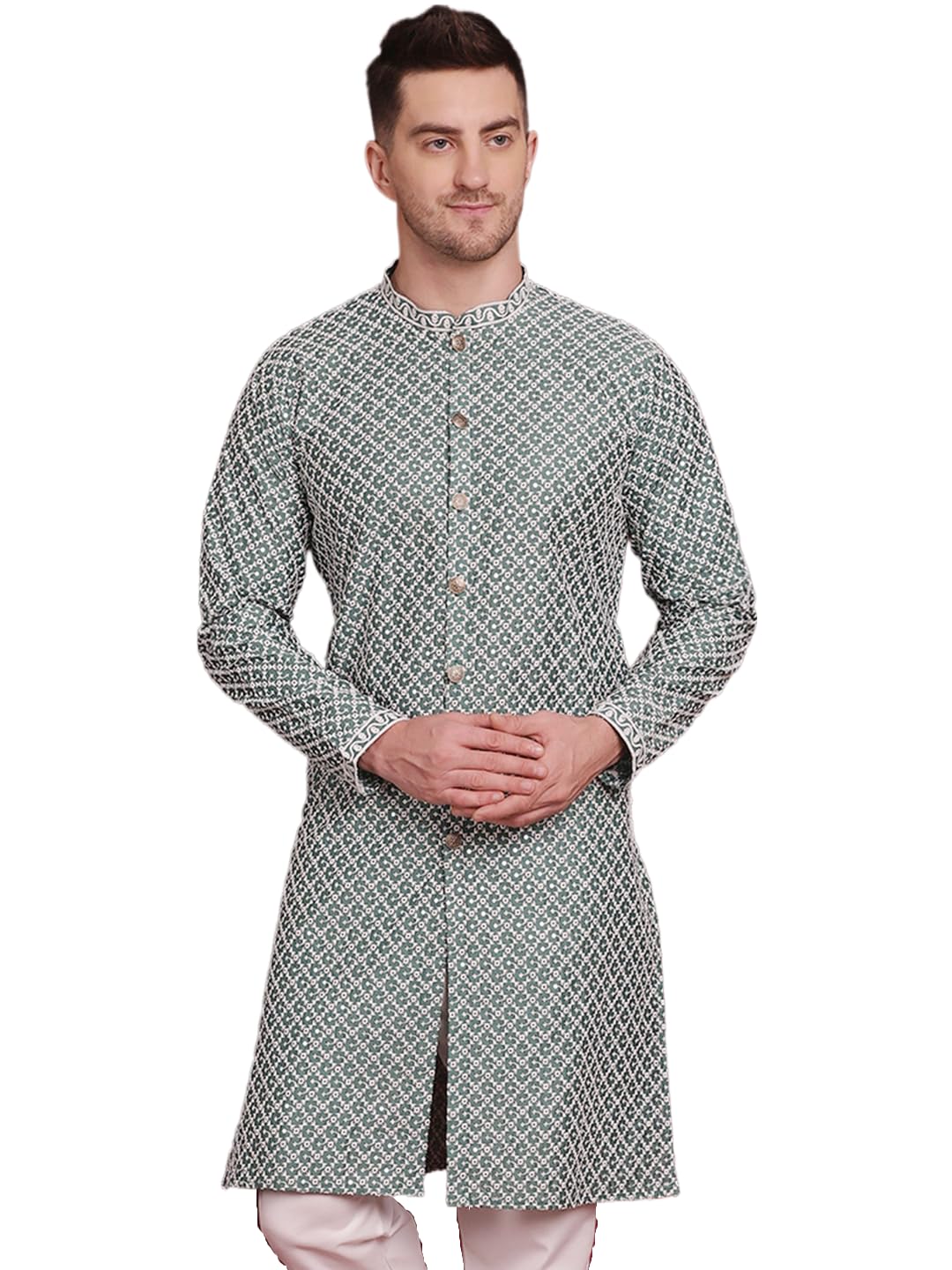 Jompers Mens Sequin Chikankari Front Open Kurta