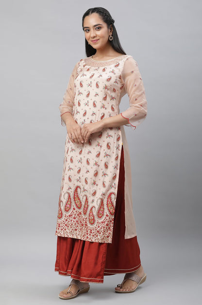 Aurelia WomenS Paisley Printed Zari Straight Long Peach Kurta