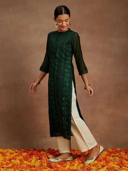 Libas WomenS Chanderi Silk Embroidered Straight Kurta (58008_Green