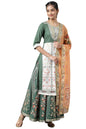 Green Printed Kurta, Skirt And Dupatta Set