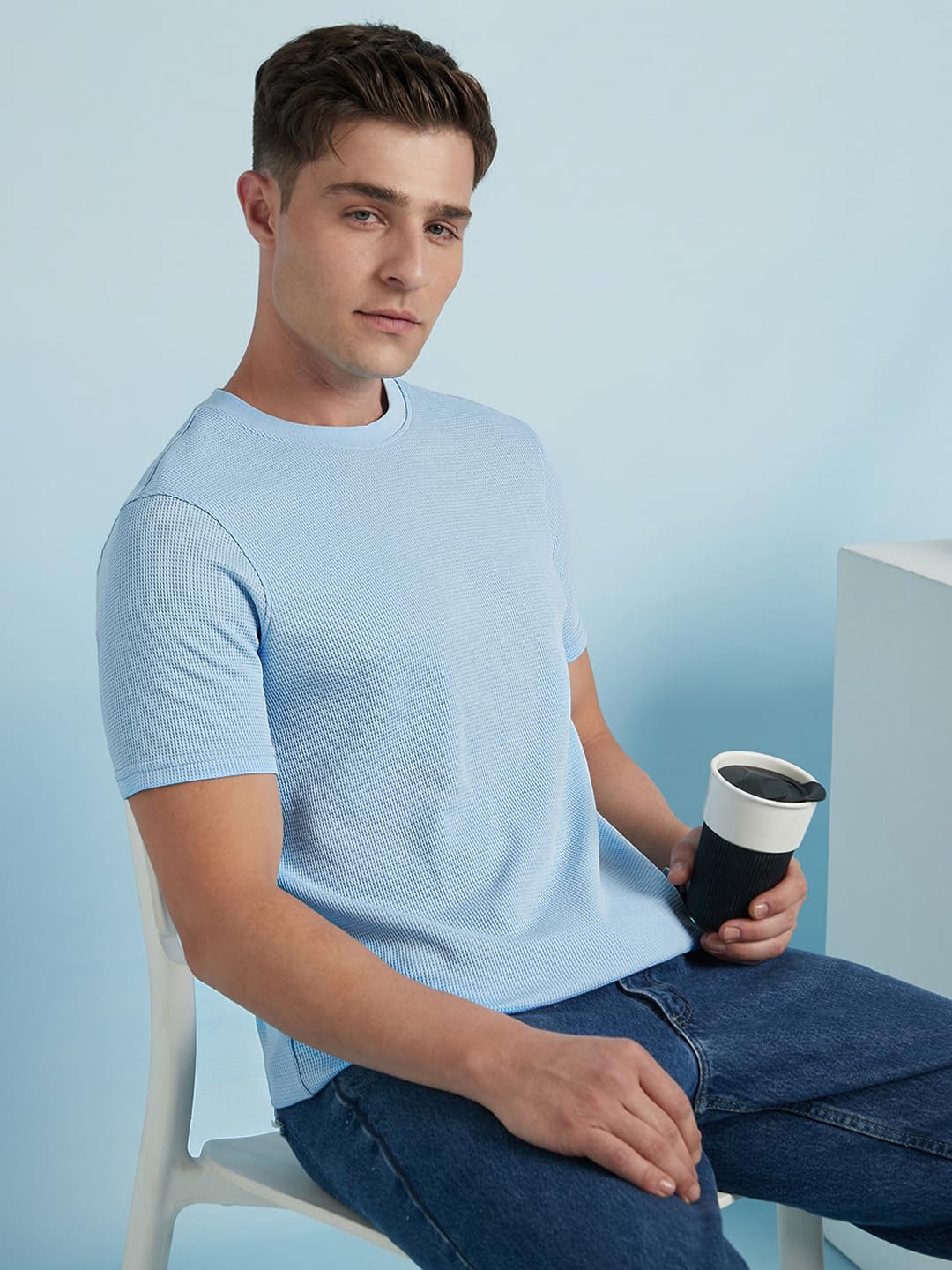 Dennis Lingo Men Cotton Blend Regular Fit Solid Textured T-Shirts Sky Blue
