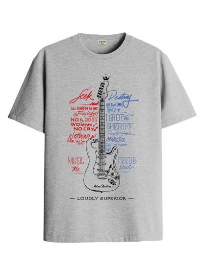 ADRO Guitar Design Printed T-Shirt for Men - 100% Cotton, Regular Fit, Soft Breathable Fabric | RN23-M-GTR-GR