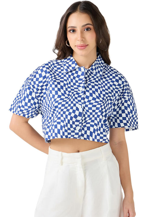 Bewakoof Womens Printed Oversized Fit Half Sleeve Collared Neck Cotton Blend Crop Shirt_628186_Blue_XL