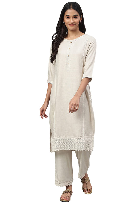 Aurelia Women's Beige Solid Kurta With Straight Palazzo