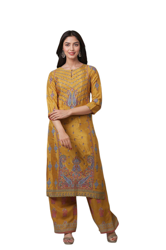 W For Woman Glitter Printed Shantung Straight Kurta And Pants Set