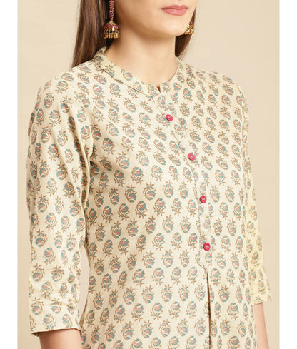 rangita Beige Cotton Flex Calf Length Printed Straight Kurti for Women | Kurta for Women