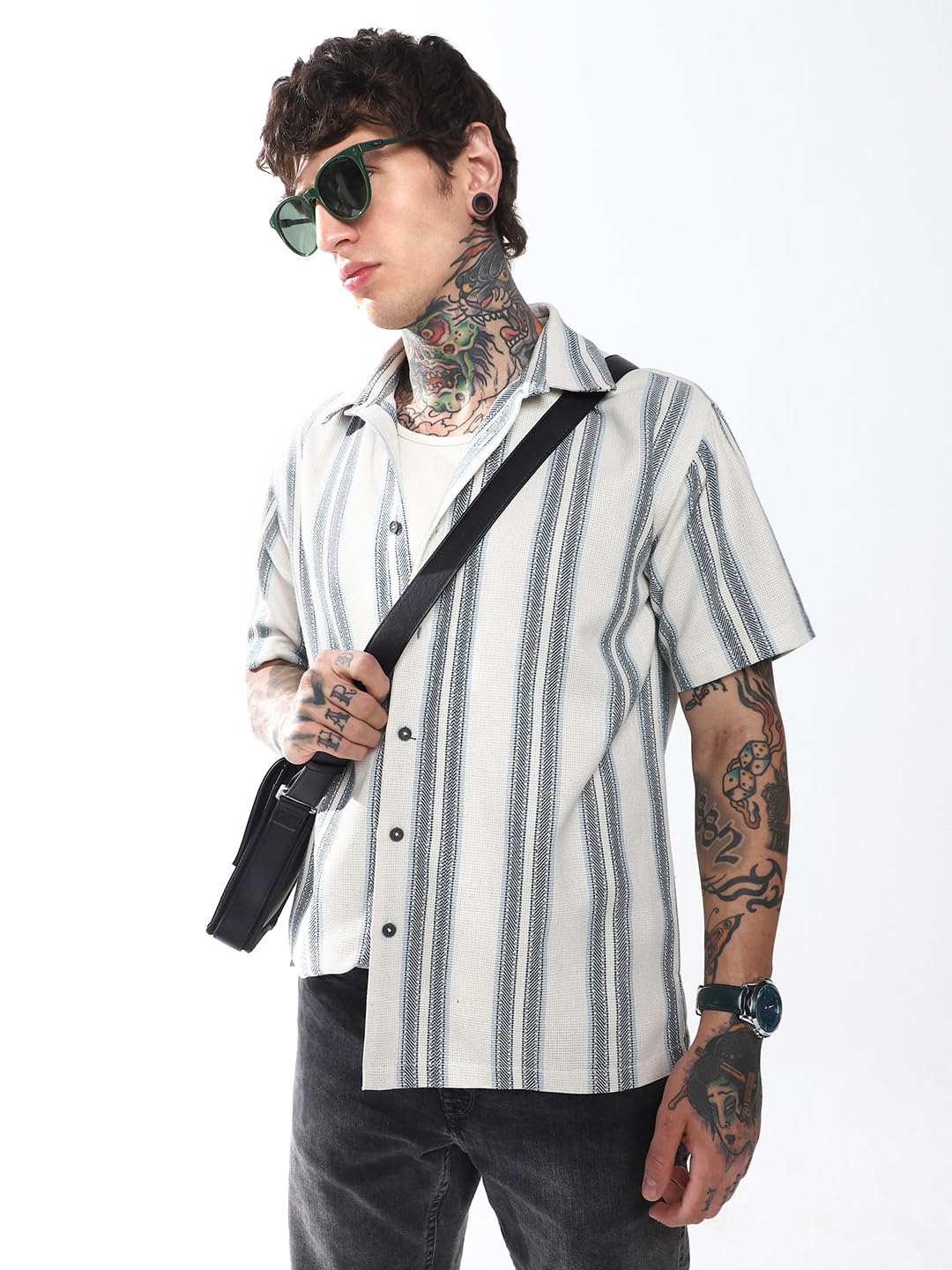 Hubberholme Men Striped Oversized Spread Collar Half Sleeve Shirt