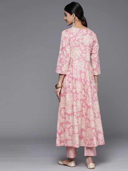 Varanga Women Pink Floral Printed Angrakha Style Anarkali Kurta Paired With Printed Bottom.