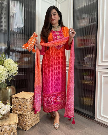 GoSriKi Women's Rayon Viscose Bandhej Print Kurta with Trousers & Dupatta, Large, Multicoloured, Model SHRIHA MULTI-GS