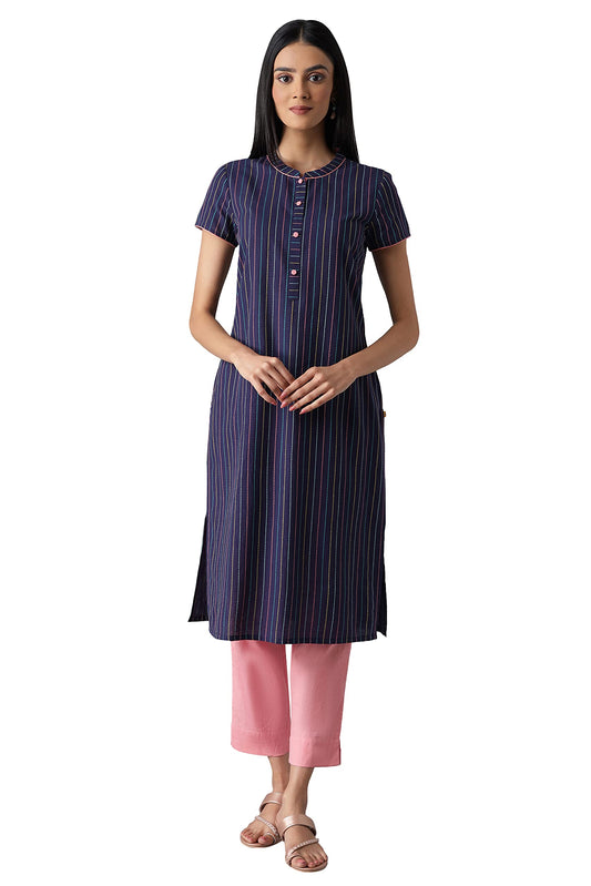 Aurelia Mandarin Cotton Womens Calf Length Kurta (S22FEA12881-P)