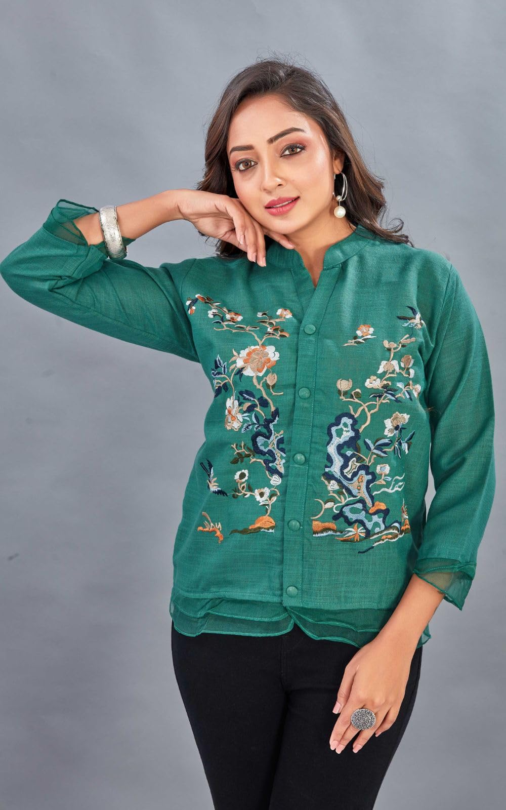 Kesudi WomenS Embroidered Button-Down Shirt For WomenS | Casual Wear Floral Design Tunic Shirt | 3/4 Sleeve Mandarin Collar Sh