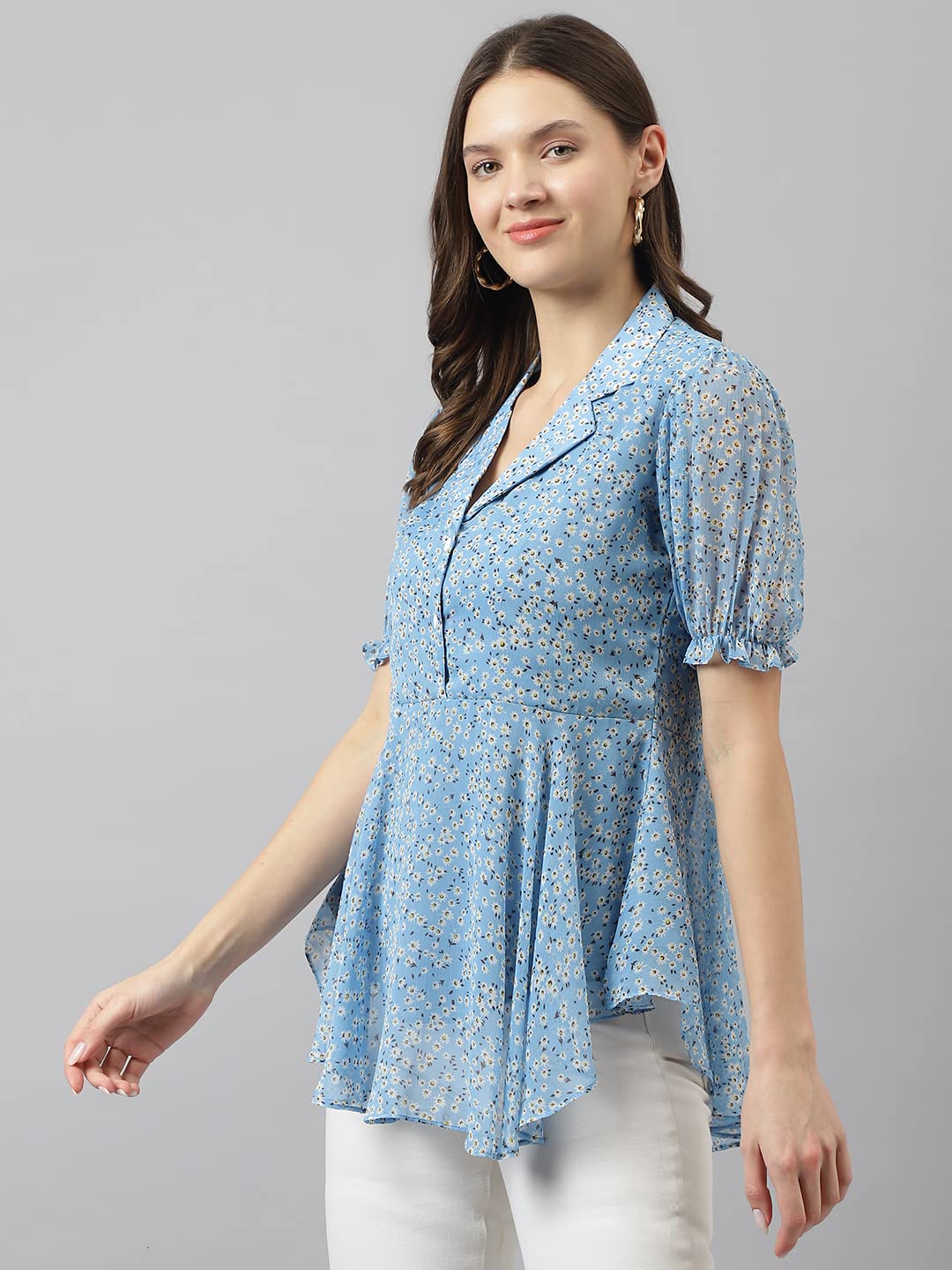 TOOCHKI Womens Light Blue Georgette Floral Flared Western Top | Winter Top | Western Top | Top for Women | Latest Women Top | T