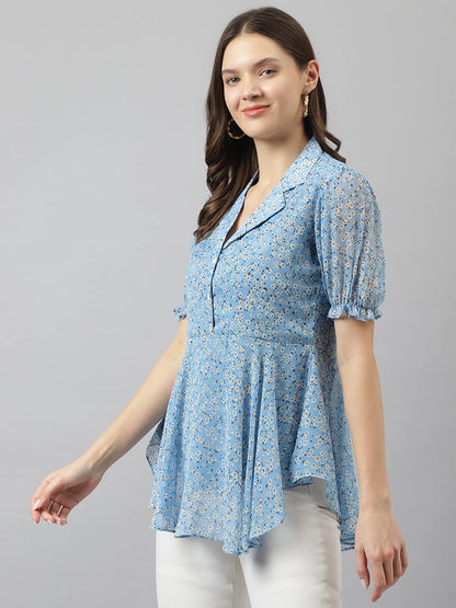 TOOCHKI Womens Light Blue Georgette Floral Flared Western Top | Winter Top | Western Top | Top for Women | Latest Women Top | T