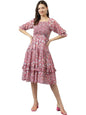 Toochki WomenS Pink Georgette Floral Tiered Western Knee Length Dress A Line Suitable In Summer Wear Latest Trendy Midi Dress