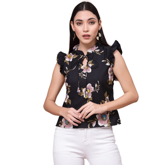 OOMPH! Womens Crepe Printed top with Tie Neck and Ruffle Sleeve
