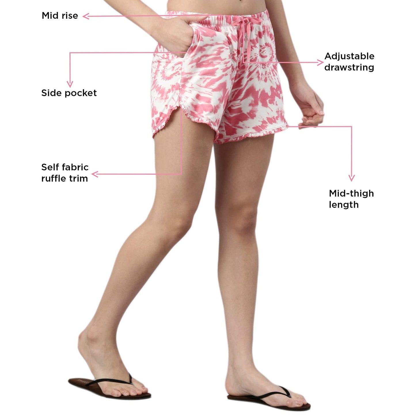 Enamor EC14 Tie & Dye Printed Home Tee and Shorts Set for Women with Ruffled Trim