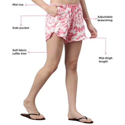 Enamor EC14 Tie & Dye Printed Home Tee and Shorts Set for Women with Ruffled Trim