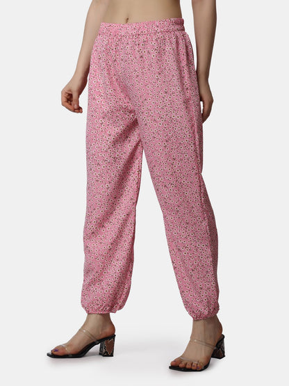 POPWINGS Casual Printed Womens Joggers for Summer - Loose-Fit Pull-On Pants in Light Pink