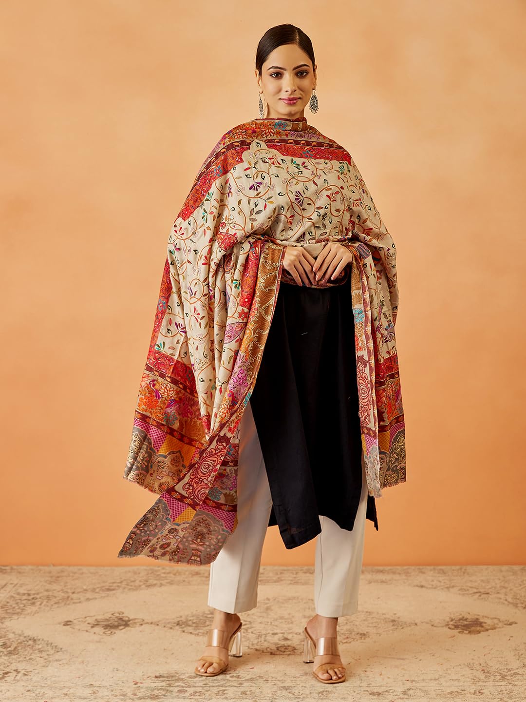 Pashmoda Women Bahaar Fine Wool Fabric Pashmina Kalamkari Embroidered Shawl, Stole and Wrap, Sustainable and Natural Fabric, Her