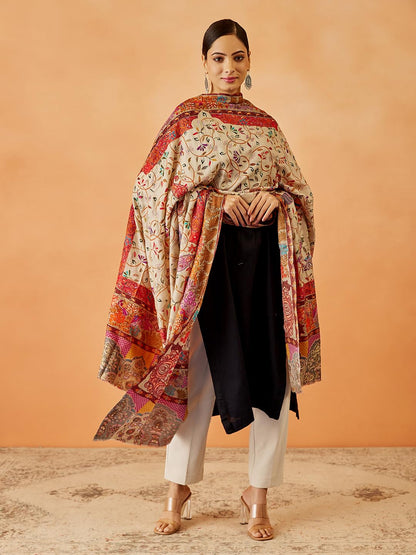 Pashmoda Women Bahaar Fine Wool Fabric Pashmina Kalamkari Embroidered Shawl, Stole and Wrap, Sustainable and Natural Fabric, Her