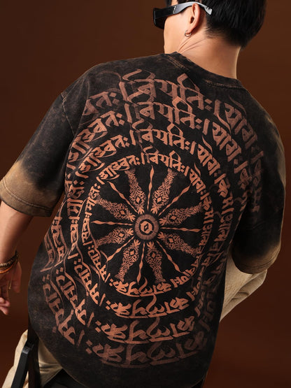 The Souled Store Kaal Chakra Men and Boys Short Sleeves Round Neck Black Embroidered Casual Streetwear Super Oversized T-Shirt