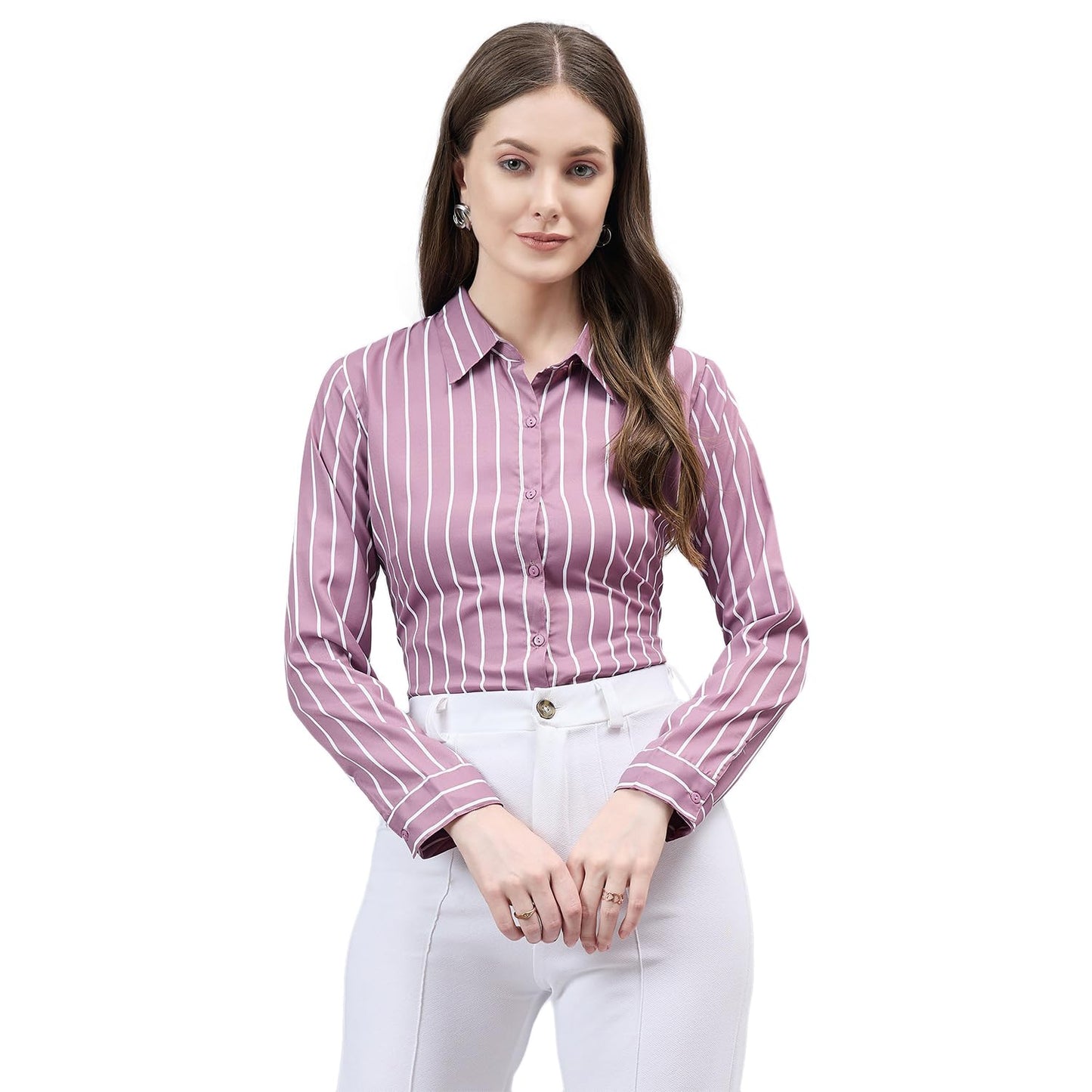 Style Quotient Women Mauve and White Stripe Printed Polyester Regular Fit Formal Shirt