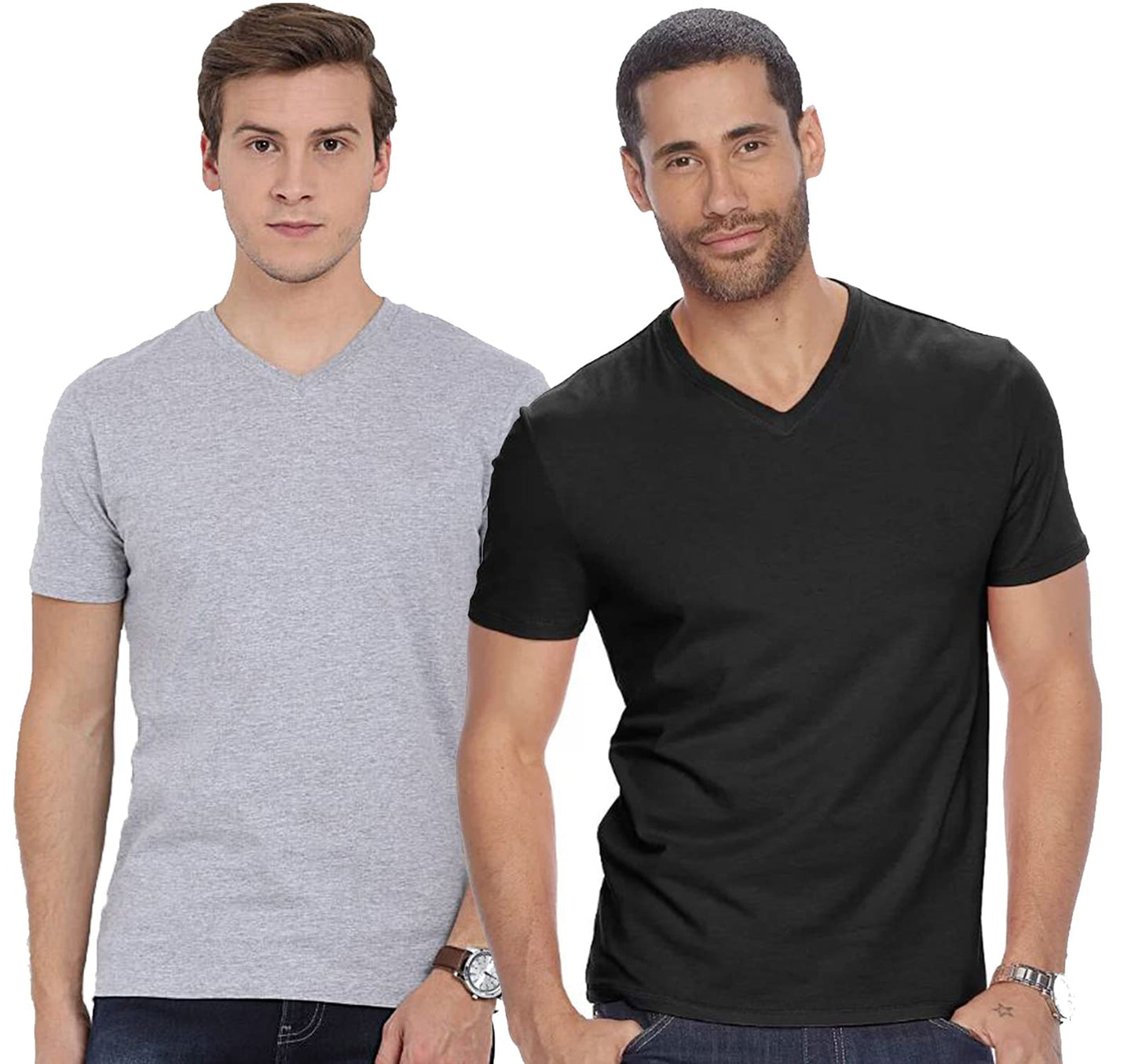 ADRO Men's V Neck Combo Plain Cotton T-Shirts_VCM2-PLN-BL-GR