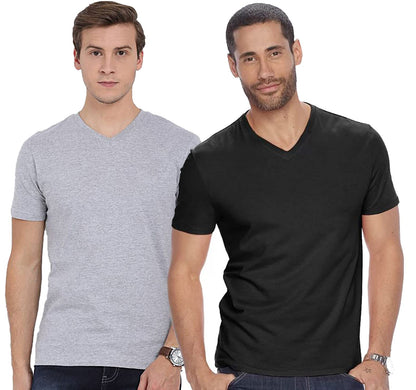 ADRO Men's V Neck Combo Plain Cotton T-Shirts_VCM2-PLN-BL-GR