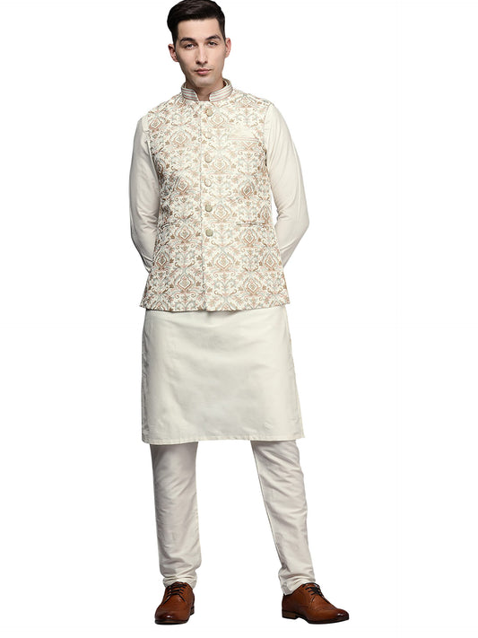 Manyavar Kurta Jacket Set For Men, Full Sleeves Mandarin Collar Ethnic Kurta Jacket Set For Festival, Wedding, Party Blended Vis