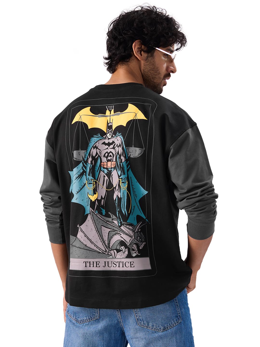 The Souled Store Official Batman: The Justice Round Neck Full Sleeve Black Graphic Printed Cotton Oversized T-Shirts for Men & B
