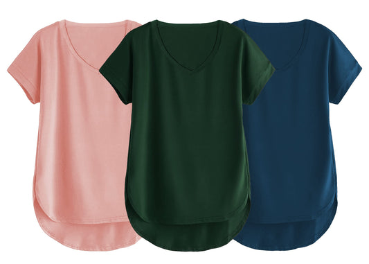 Fabricorn Combo Of Three Plain Bottle Green, Dusty Rose And Airforce Blue V-Neck Up And Down Cotton Tshirt For Women (Bottle Gre