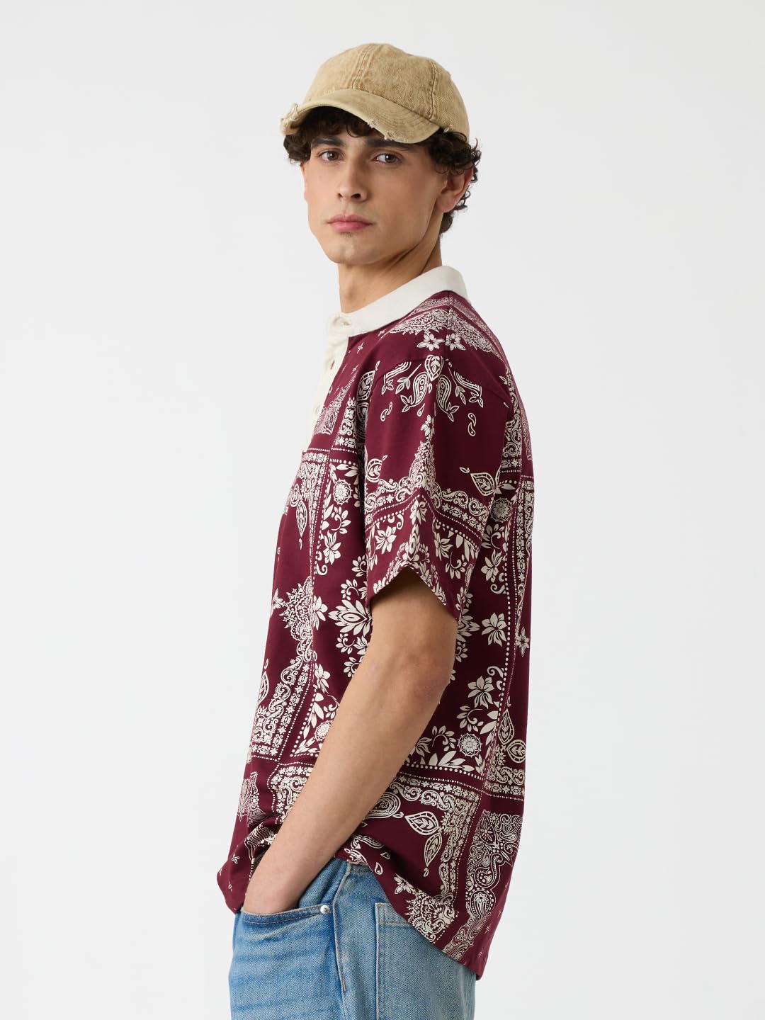 The Souled Store Paisley Men and Boys Short Sleeves Collared Neck Red All Over Printed Cotton Oversized Polos