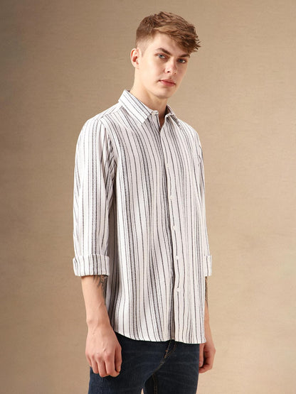 Dennis Lingo Men White 100% Cotton Full Sleeve Spread Collar Stripes Shirts