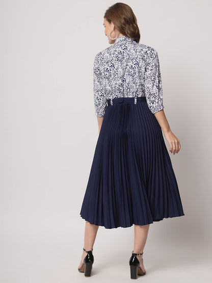 Kzully WomenS Print 3/4 Sleeve Pleated Midi Dress With Belt Navy Blue