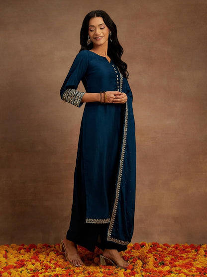Libas Womens Solid Silk Blend Straight Kurta With Palazzos And Dupatta