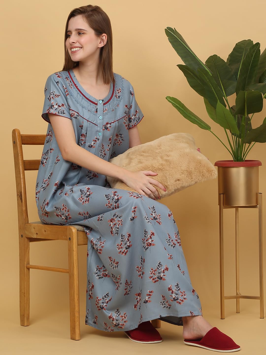 Sweet Dreams Women Printed Full Length Night Dress Grey