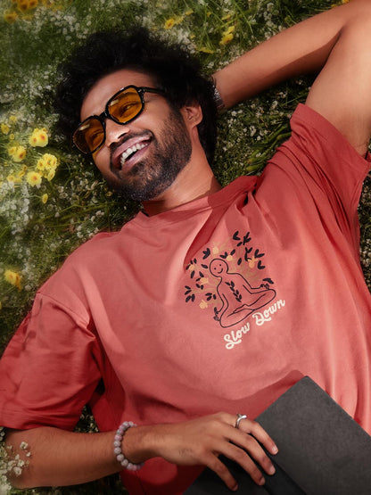 The Souled Store Slow Down Men and Boys Short Sleeves Round Neck Pink Embroidered Cotton Oversized T-Shirts