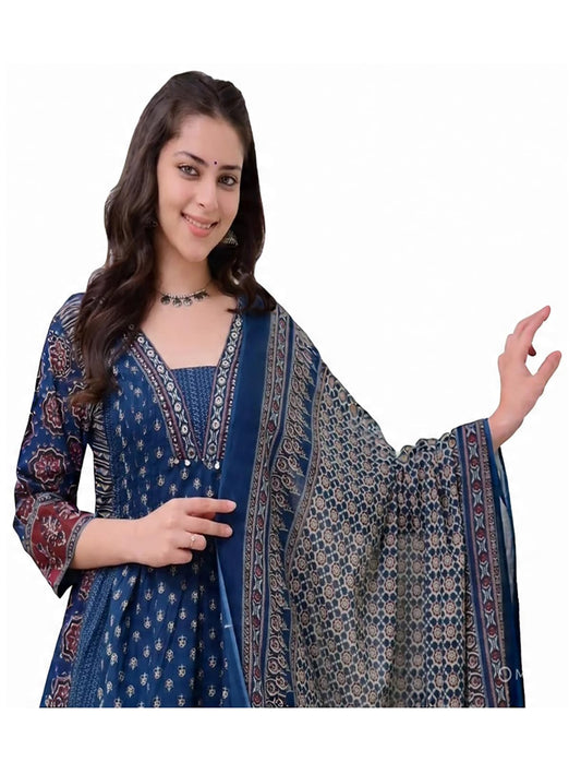 ANNI DESIGNER Women's Pure Cotton Anarkali Kurta Set for Women with Dupatta & Plazzo ?Hand Block Print Suit Set | Stylish Dress | Cotton Kurta Set for Women