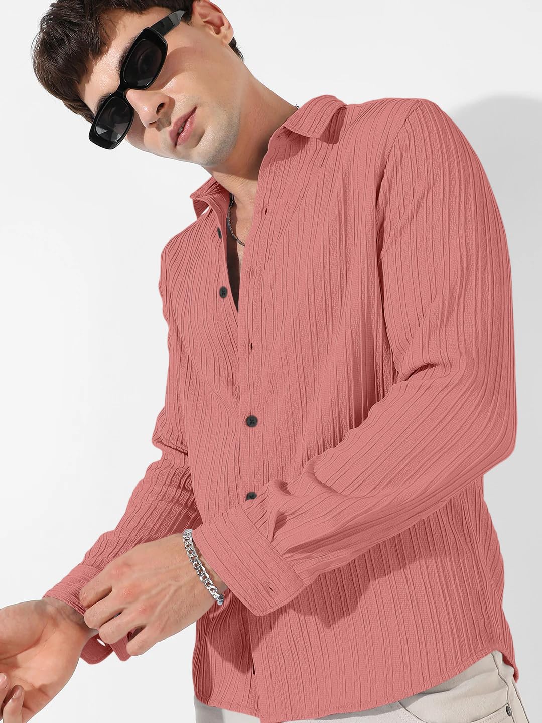 Finivo Fashion MenS Cotton Casual Striped Button Down Shirts Long Sleeve Textured Summer Beach Shirt For Men Peach