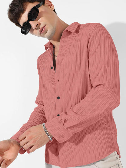 Finivo Fashion MenS Cotton Casual Striped Button Down Shirts Long Sleeve Textured Summer Beach Shirt For Men Peach