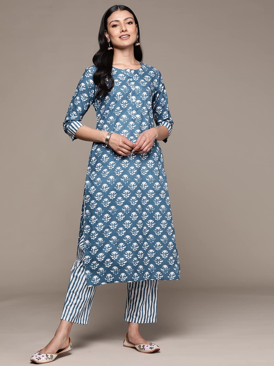 anubhutee Women's Cotton Blue Floral Printed Straight Kurta Suit Set With Pants