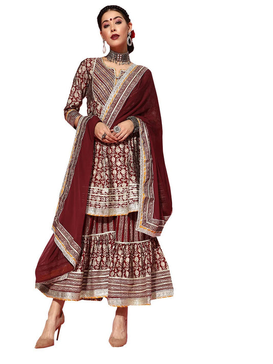 ishin Women's Art Silk Maroon Embroidered Anarkali Peplum Kurta Set with Sharara and Dupatta