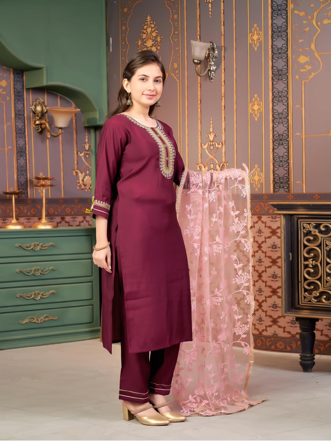 Aarika Girls Ethnic Wear Wine Colour Sequin Embroidery Silk Kurti Pant Set-10-15 Years (Kp-Sd-6001)