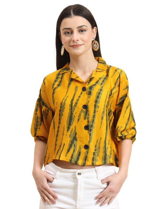 Vairagee Women Cotton Blend Mustard Striped Pattern V-Collar Three Quarter Sleeves Stylish Boxy Shirt (1730_8)