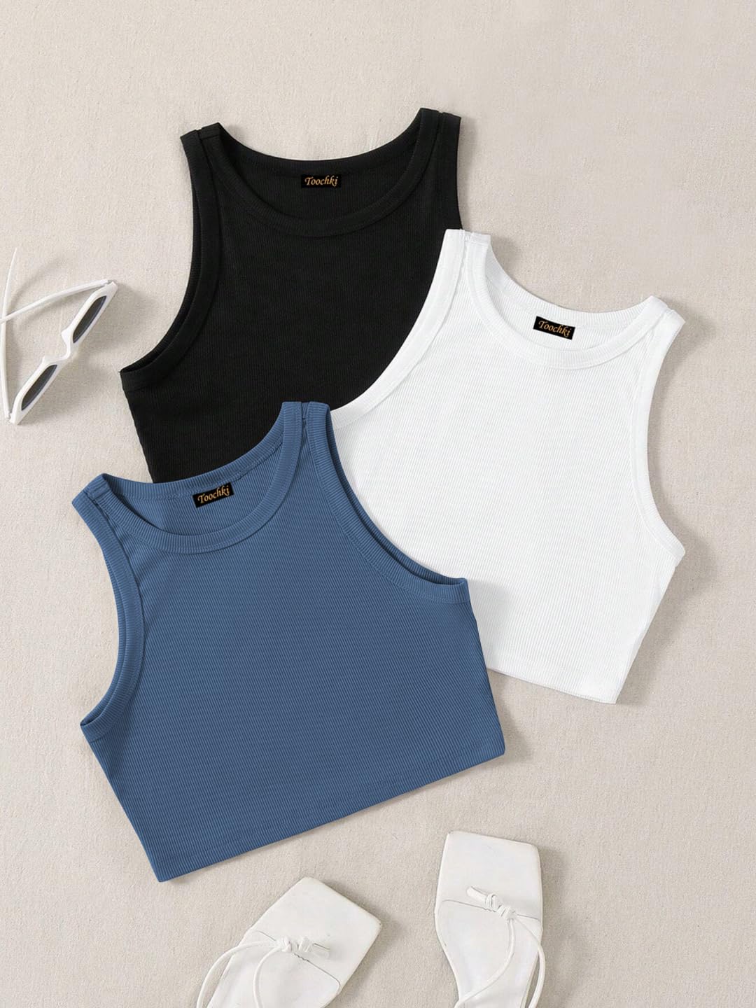 Toochki Tops for Woman | Spandex Top | Crop | Short | Western | for Jeans | Sleeveless | Stretchable | Pack of Three | Black-Whi