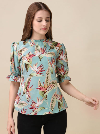 Gufrina WomenS Rayon Top With Half Sleeves High Round Neck Floral Printed Regular Fit Western Style And Standard Length