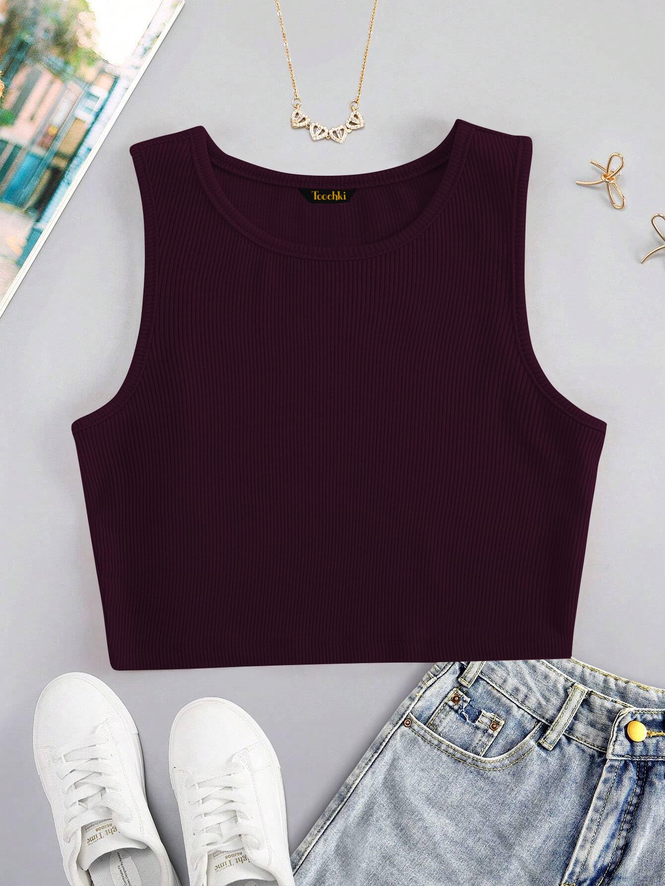 Toochki Tops for Woman | Spandex Top | Crop | Short | Western | for Jeans | Sleeveless | Stretchable | Wine